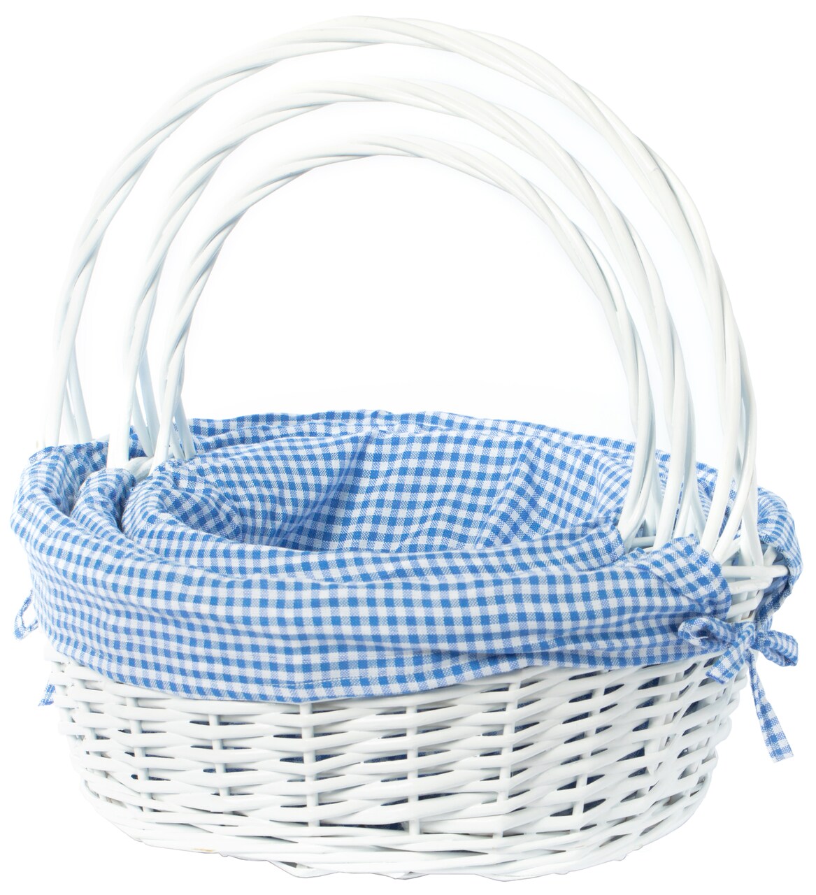 White Round Willow Gift Basket, with Gingham Liner and Handle